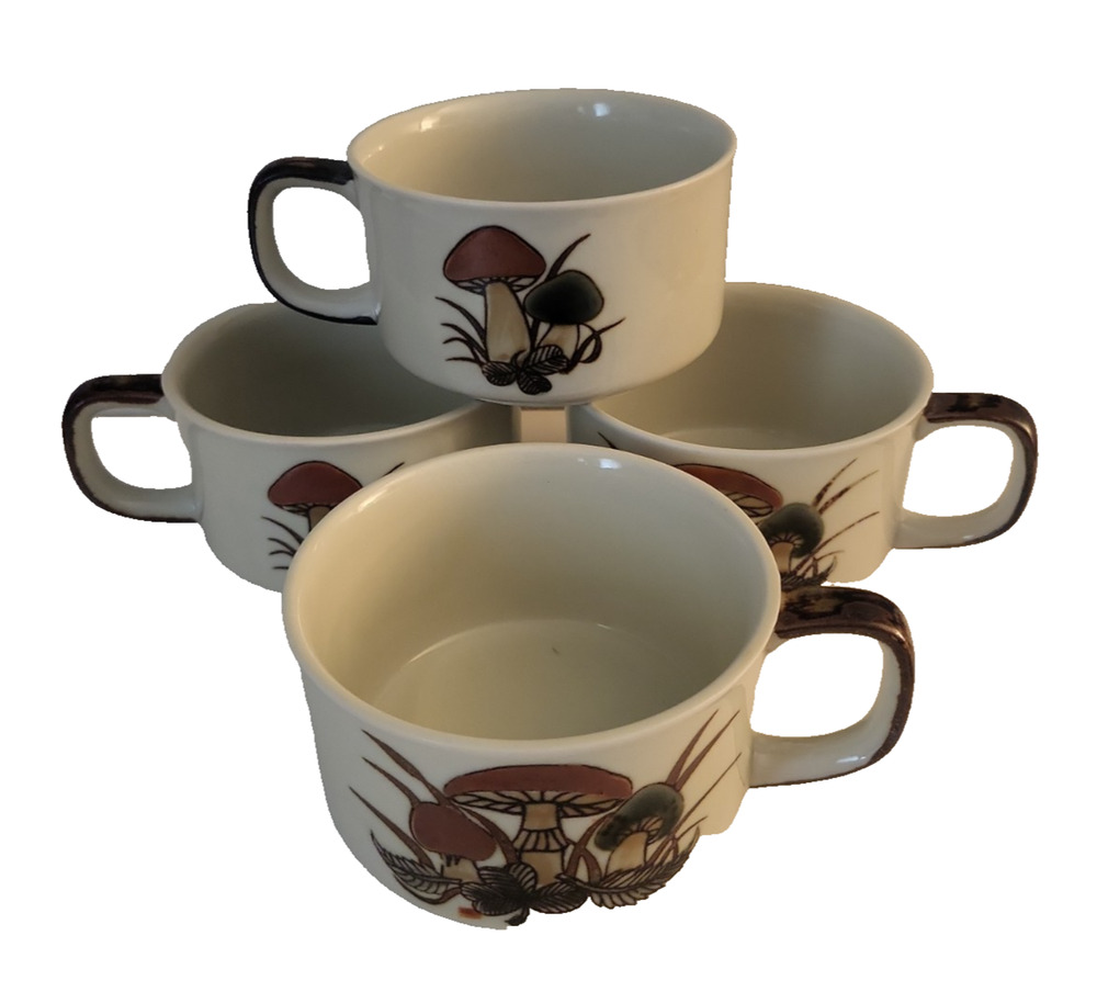 Set of 4 Otagiri Vintage 70s Mushroom Soup Cereal Bowl Handle White Brown Boho